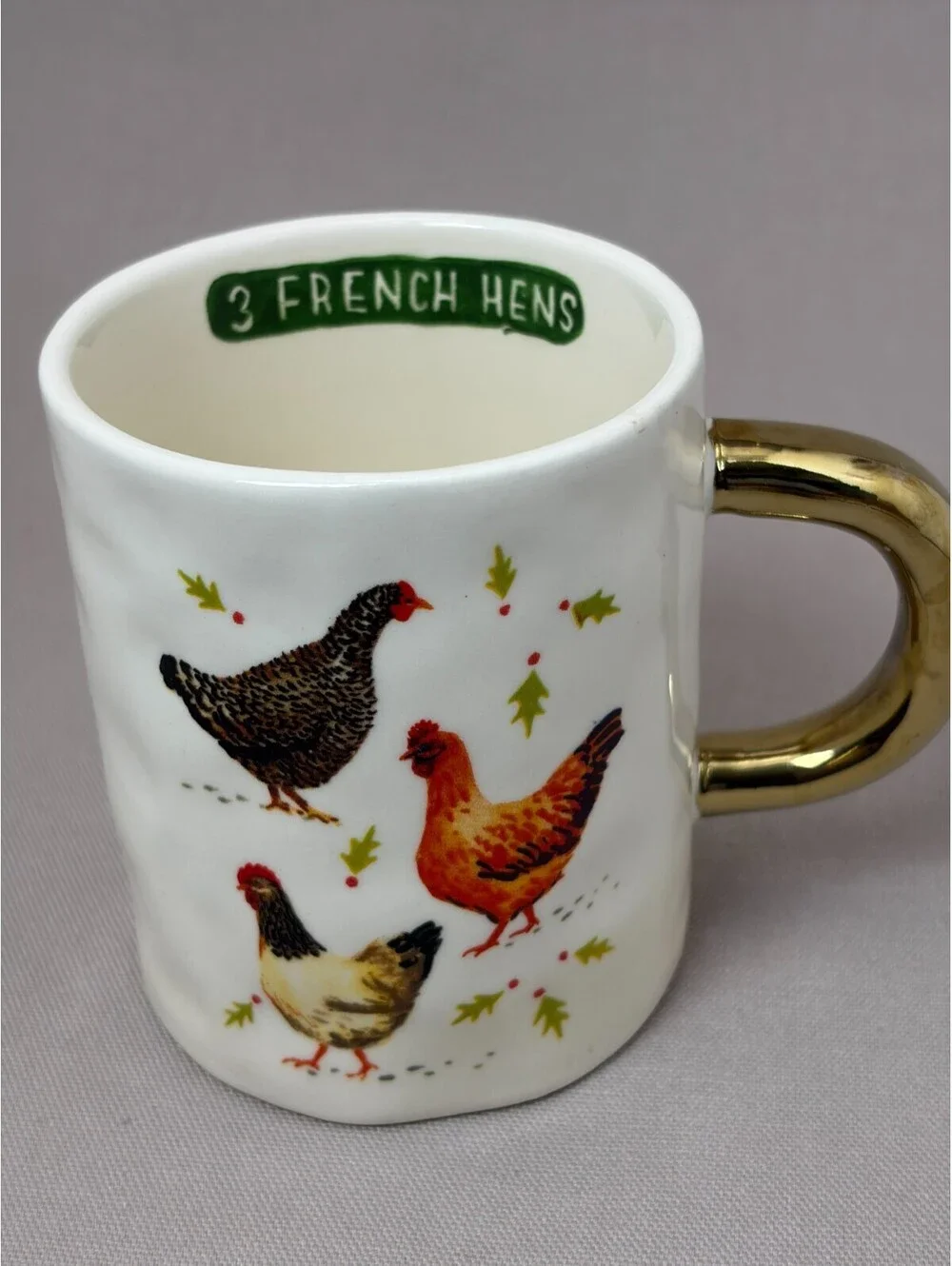 Booville Magenta Angela Staehling 3 French Hens Mug Gold Handle Christmas 14 oz